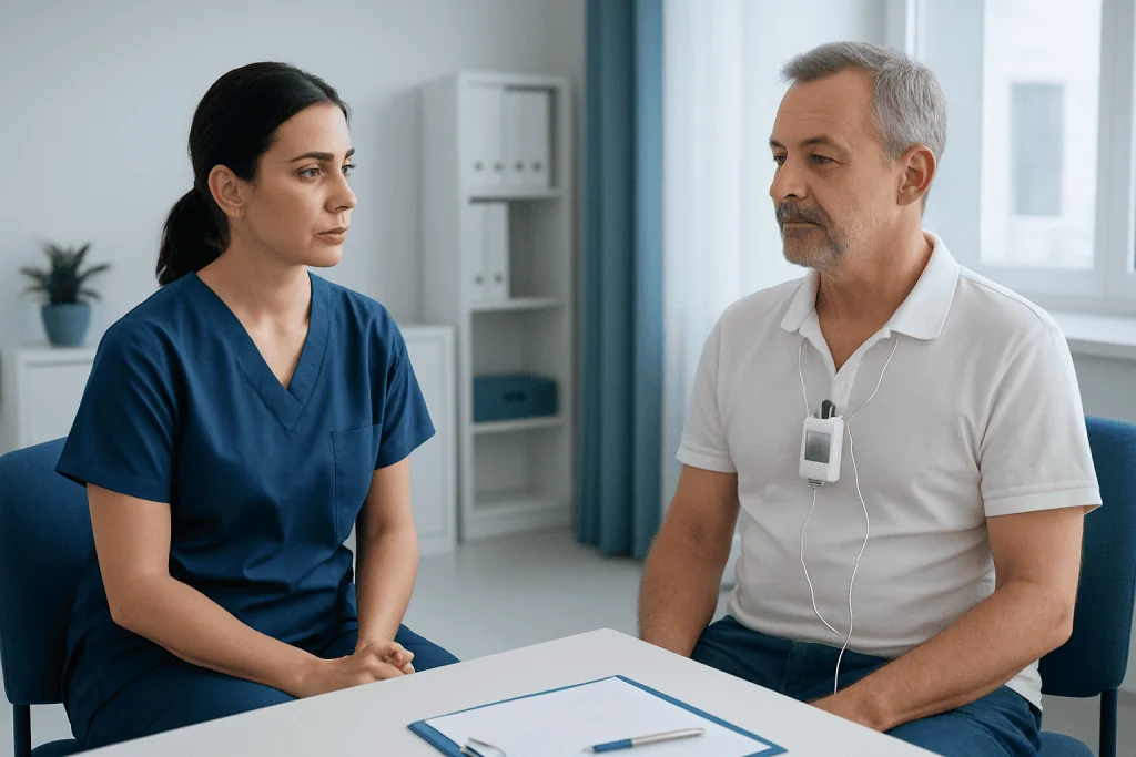 Doctor explaining Holter monitor to patient in clinic setting.