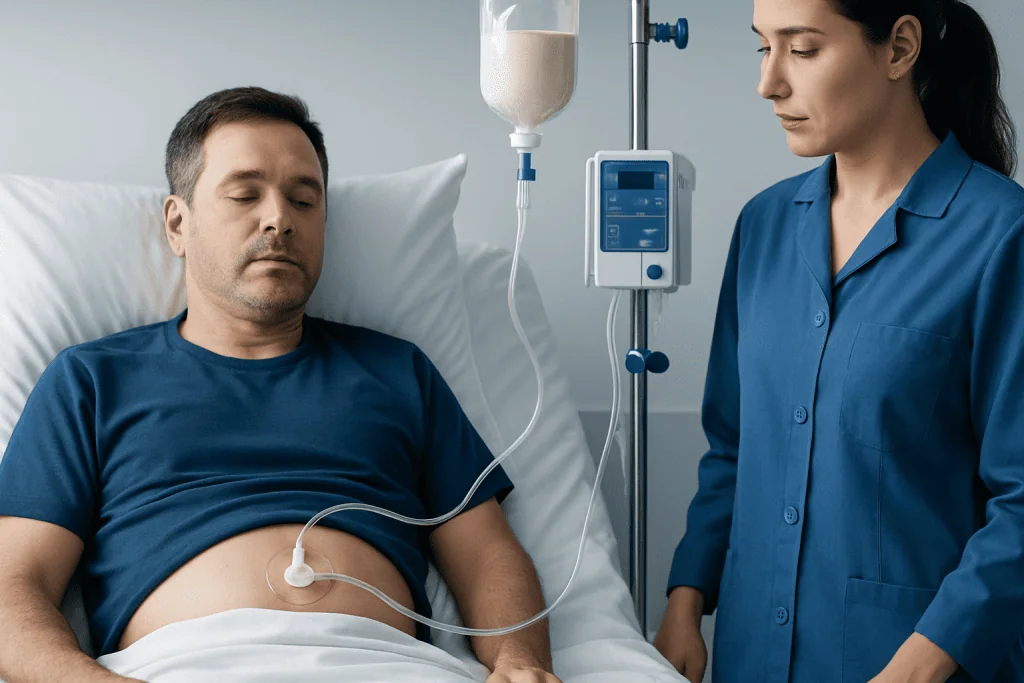 Patient receiving intravenous fluids in hospital bed with medical staff nearby.