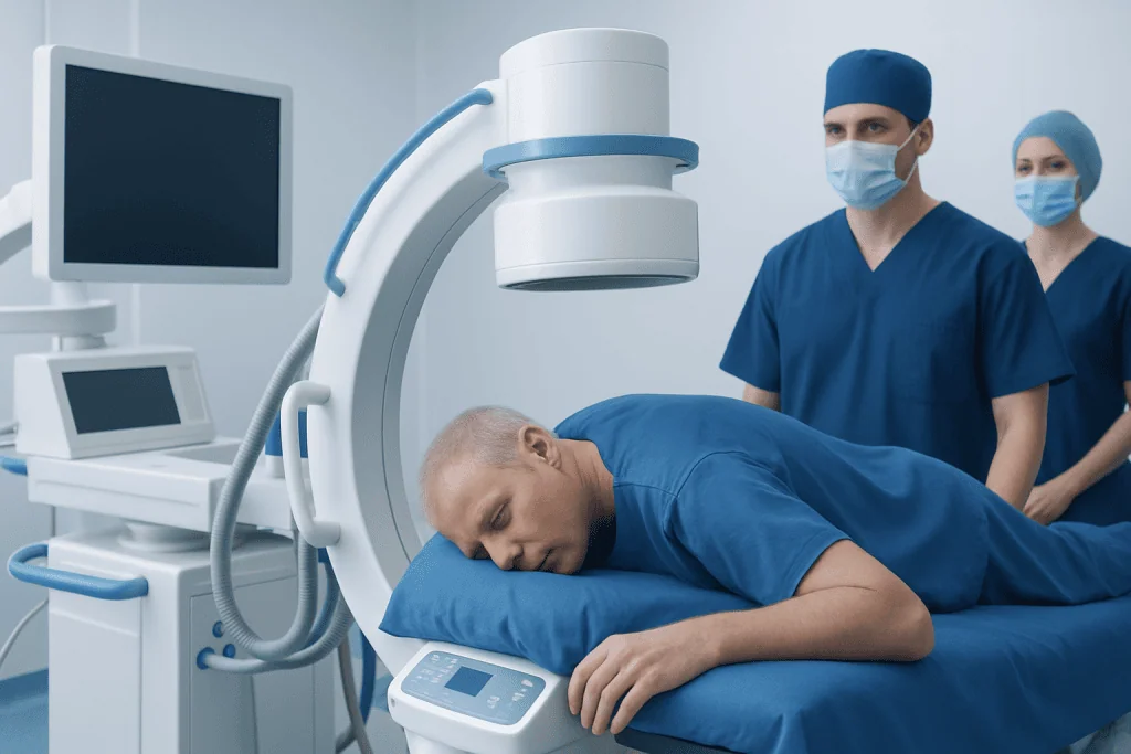 Patient undergoing a medical procedure in a hospital setting with surgical team present.