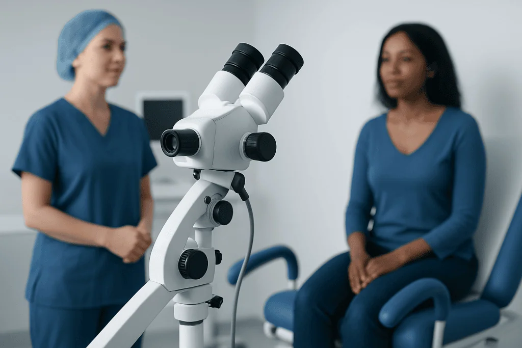 Medical professionals preparing for a Leep procedure with a microscope in a clinical setting.