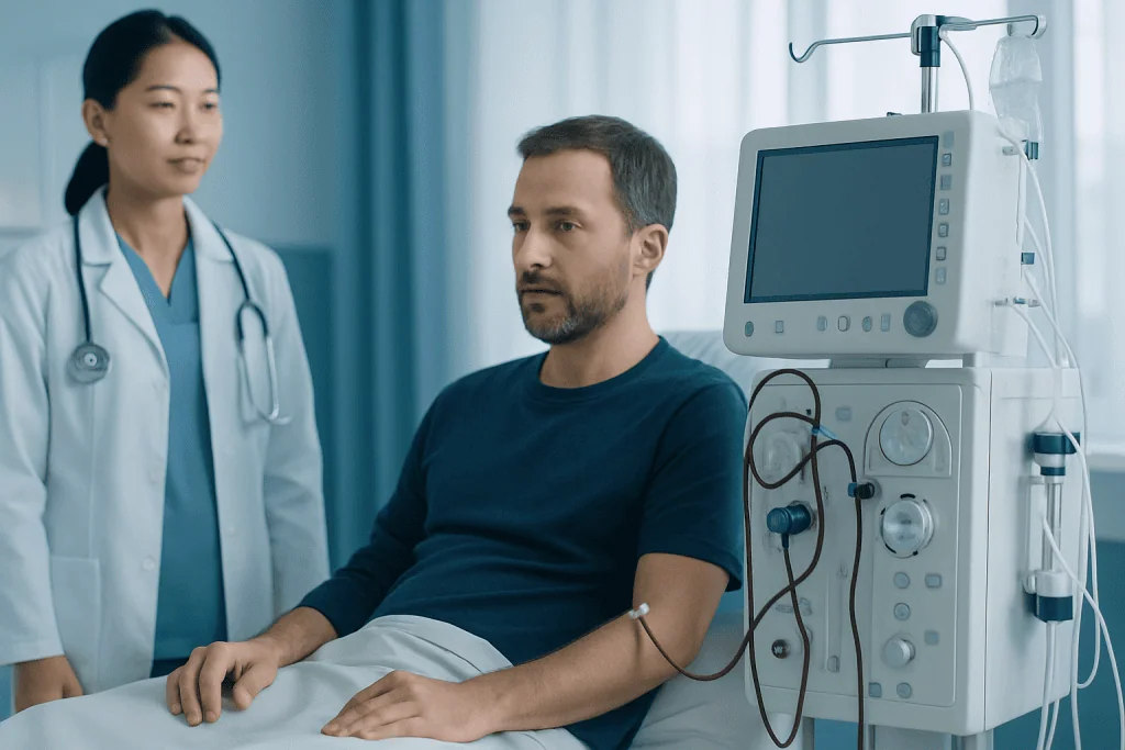 Patient in hospital bed with medical staff and dialysis machine.