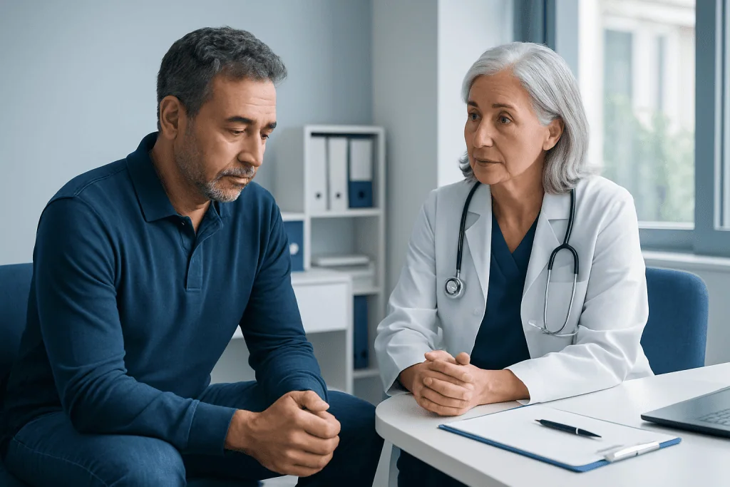 Doctor consulting with a middle-aged male patient in a medical office.