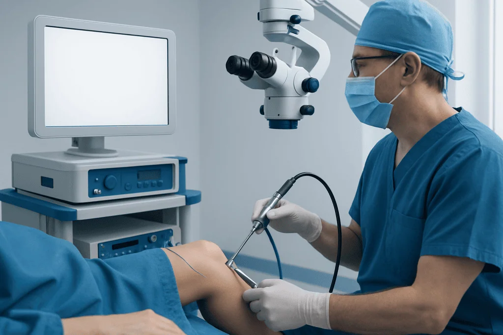 Surgeon performing knee arthroscopy with advanced equipment in a sterile operating room.
