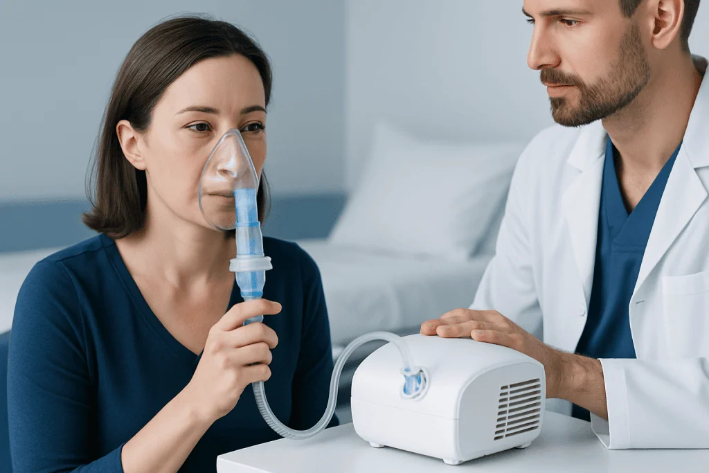 Woman using a nebulizer machine for respiratory treatment in a clinical setting.