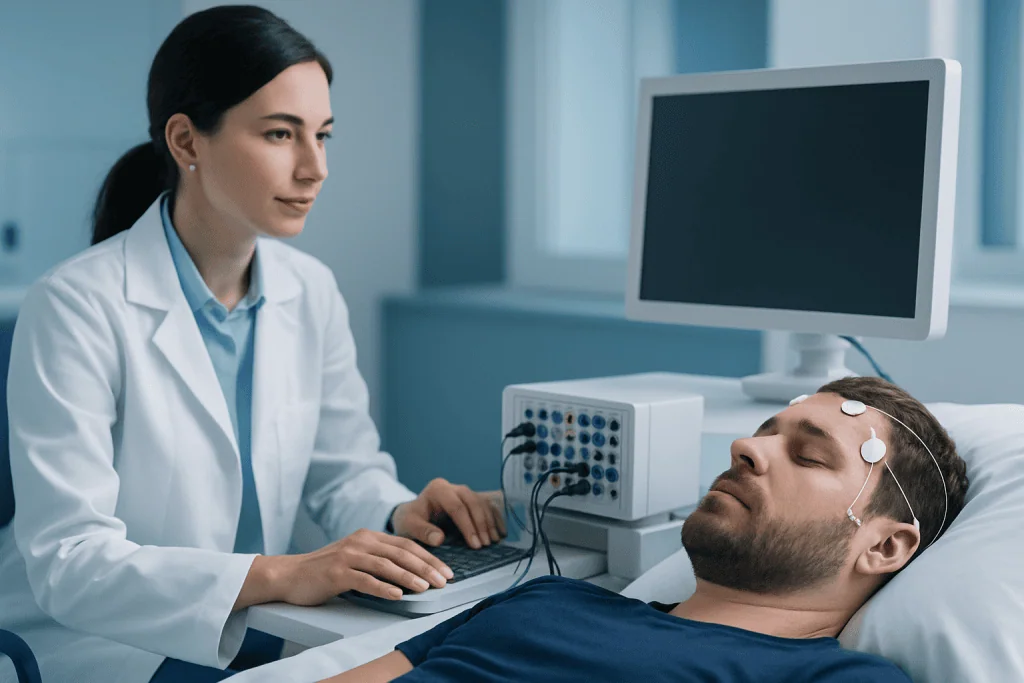 Doctor performing neurological sleep test on patient in clinic.