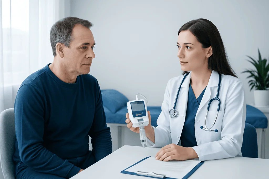 Doctor explaining PCA pump to patient in hospital setting.