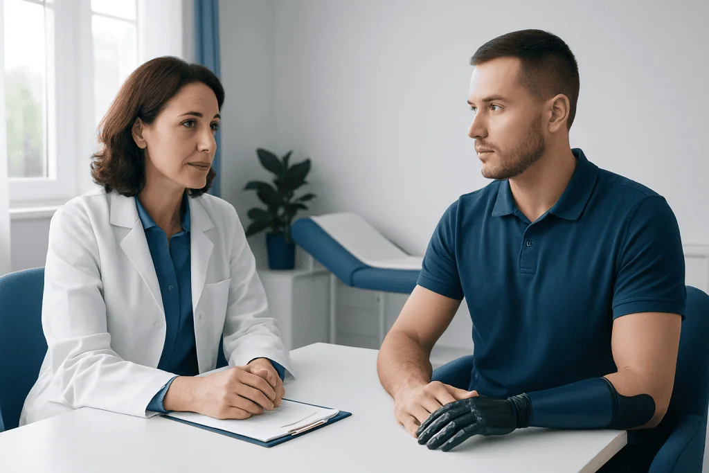 Doctor consulting with a patient wearing a prosthetic arm in a medical office.