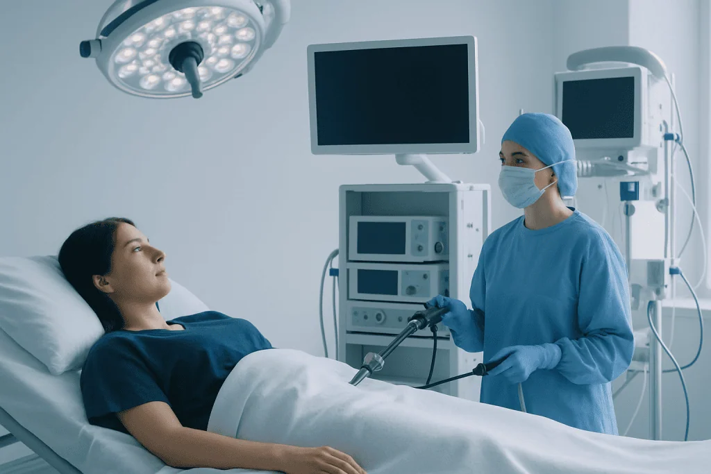 Surgeon preparing for salpingectomy procedure in modern hospital.