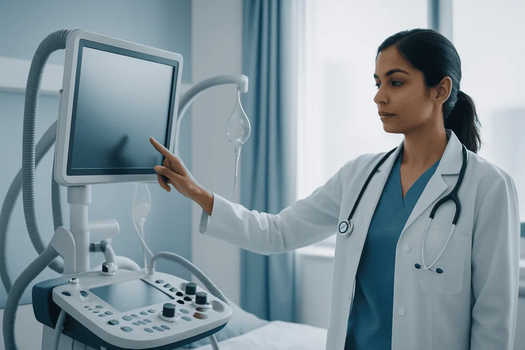 Medical professional operating ultrasound equipment in hospital setting.