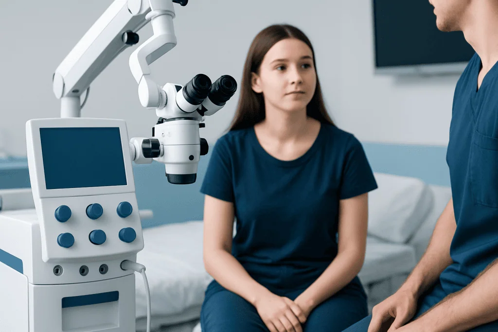 Young girl undergoing a medical examination with a microscope in a hospital.