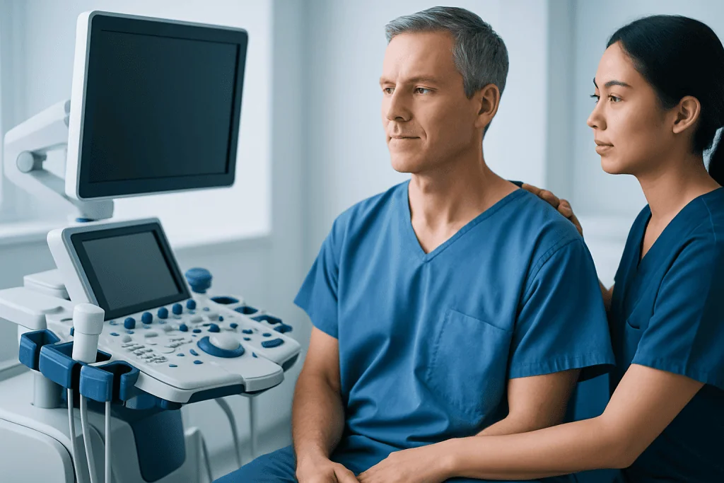Medical professionals during ultrasound examination at Acibadem Hospital.