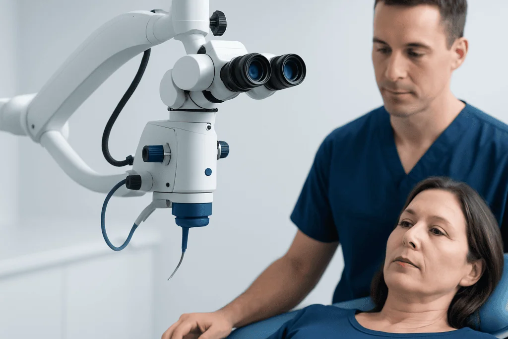 Dentist using a microscope during a dental examination or procedure.