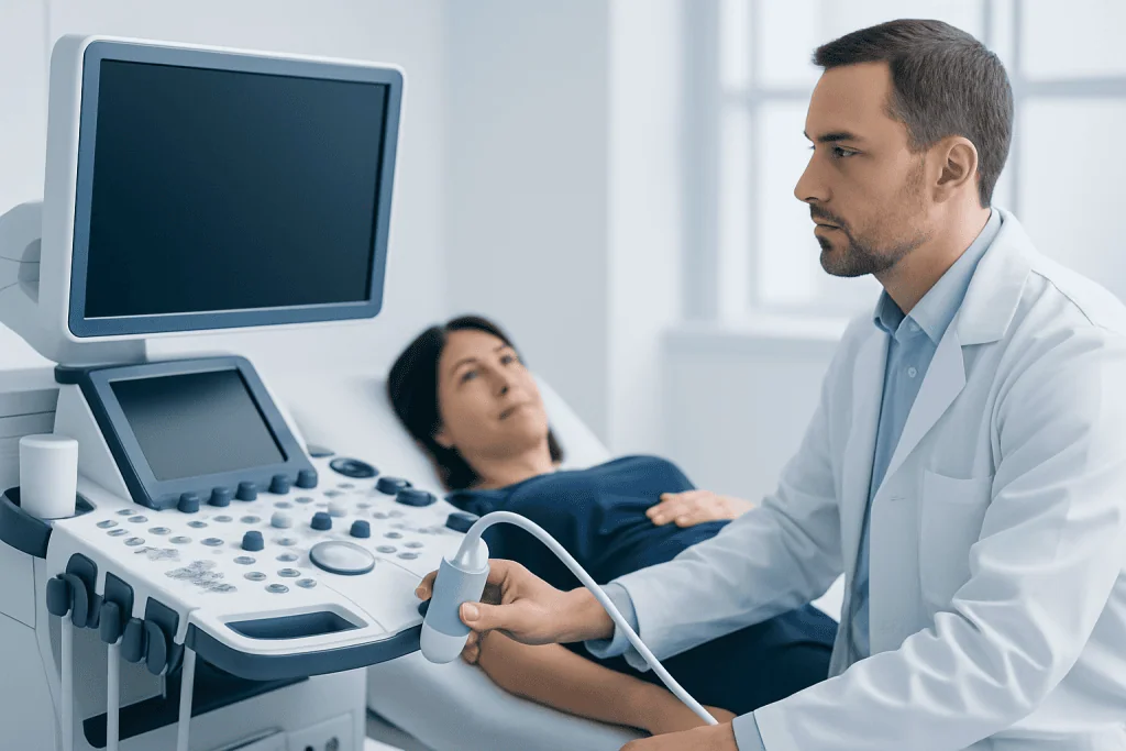 Doctor performing an ultrasound exam on a patient in a hospital setting.
