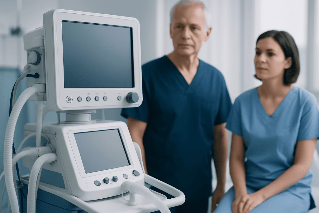 Medical professionals monitoring patient with ventilator in hospital.