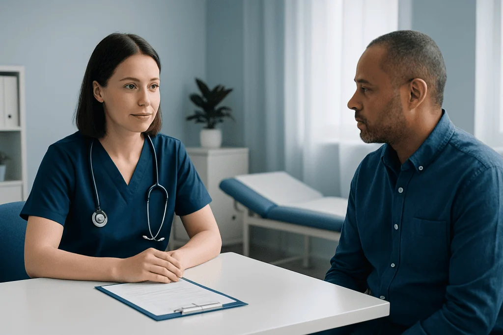 Doctor consulting with a patient in a medical office setting.