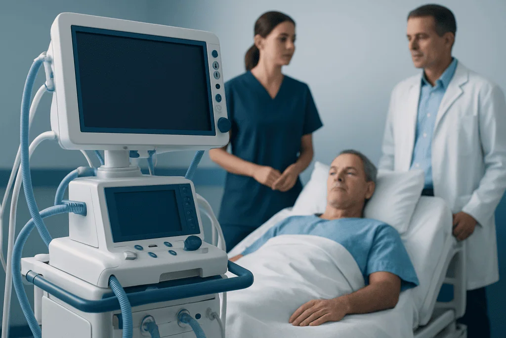 Patient in hospital bed with medical team and monitoring equipment.
