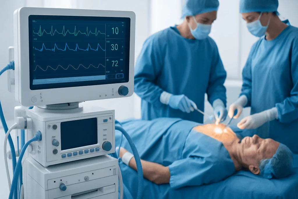 Surgeons performing coronary artery bypass surgery in a hospital operating room.