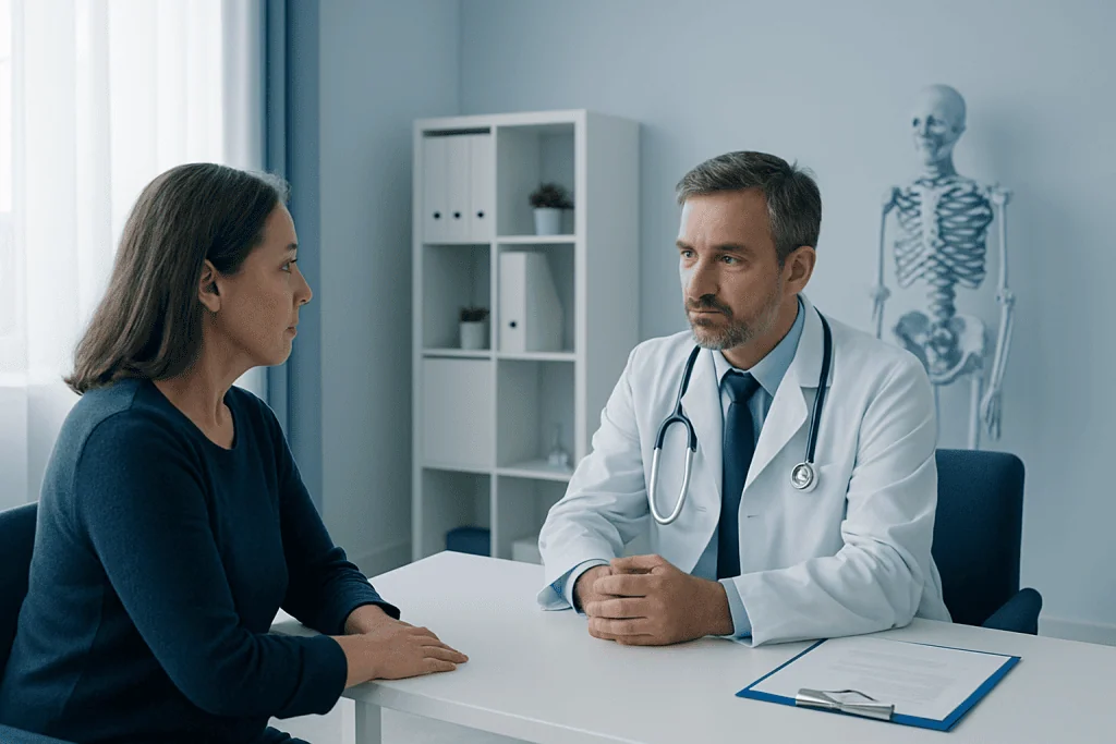 Doctor consulting with a female patient in a medical office setting.