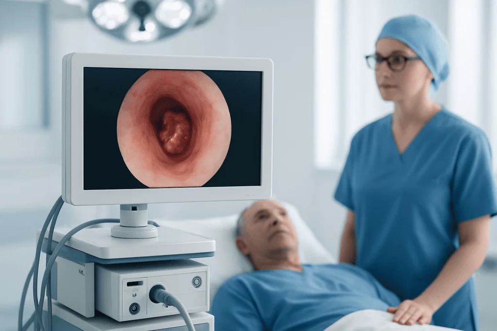 Endoscopy procedure showing the esophagus with a medical professional and patient.