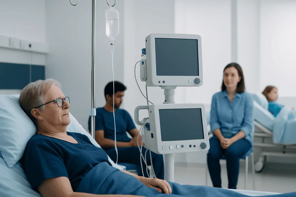 Patient in hospital bed connected to medical monitors in a hospital room.