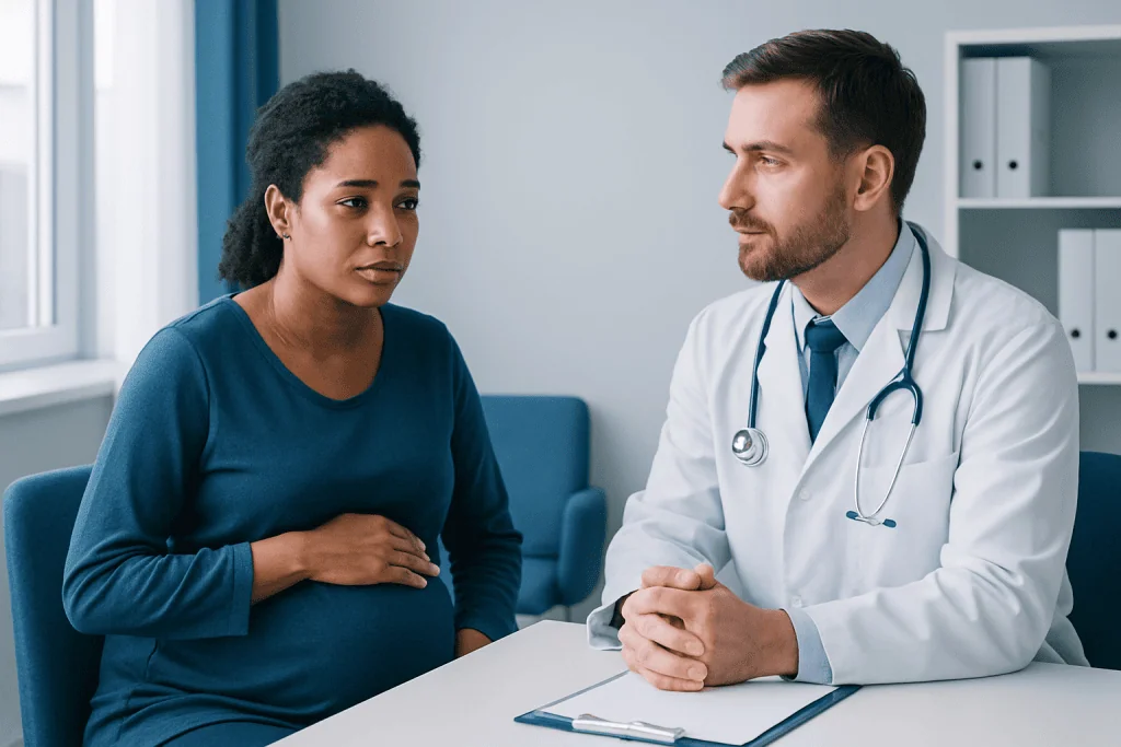 Doctor consulting with pregnant woman in a medical office.