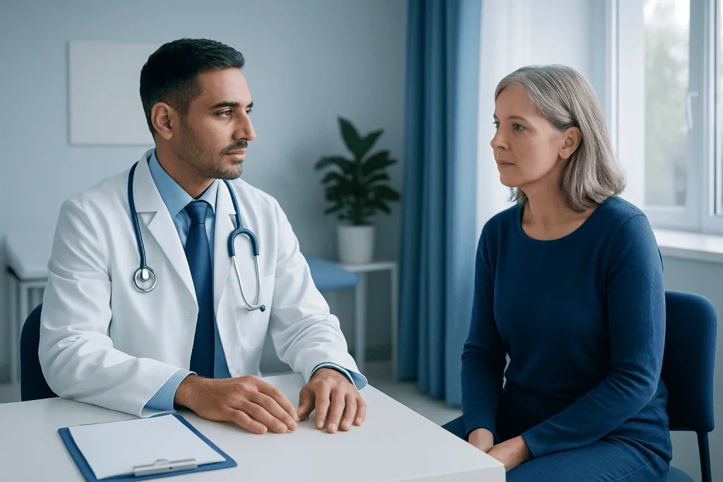 Doctor consulting with a female patient in a medical office.