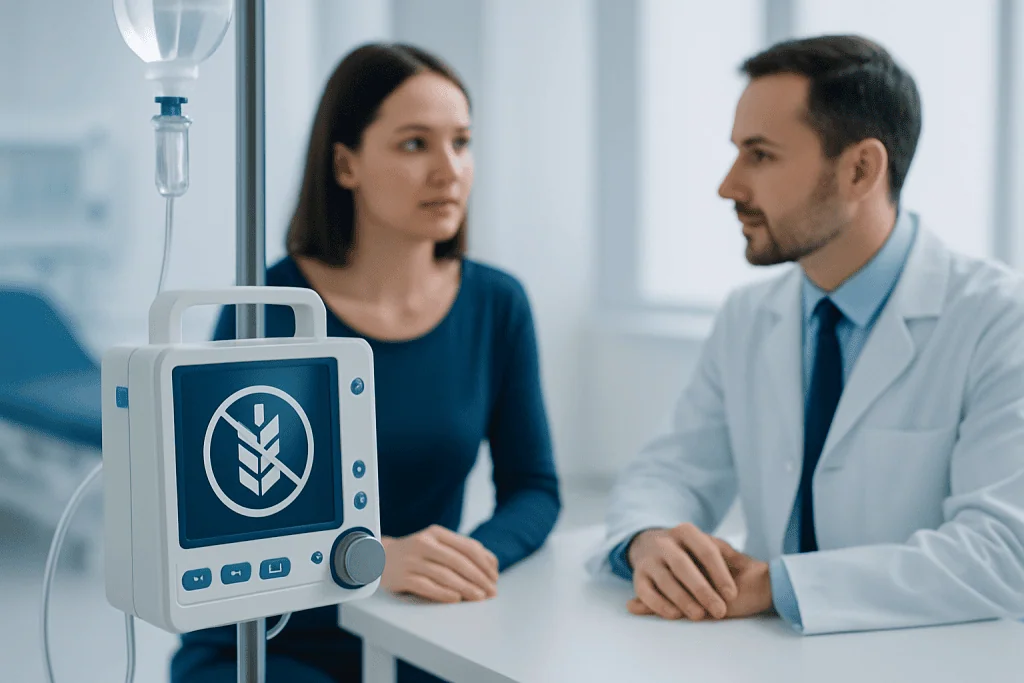 Doctor explaining medical results to a patient in a hospital setting.