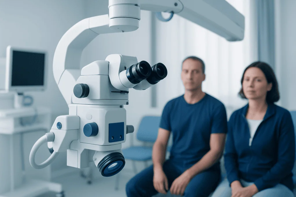 Medical professionals in a hospital operating room with a surgical microscope.