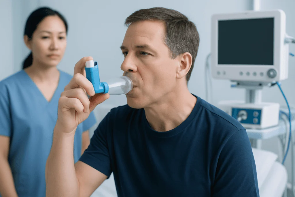 Patient using inhaler during medical examination at Acibadem Hospital.