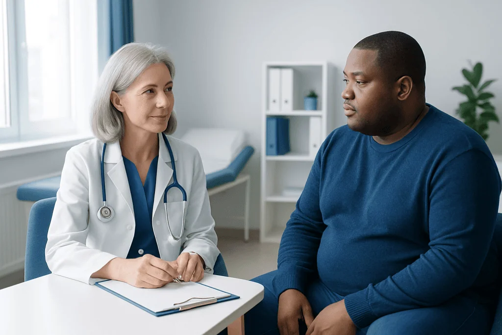 Doctor consulting with a patient in a medical office setting.