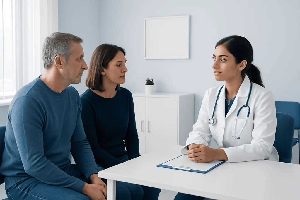 Doctor consulting with a middle-aged couple in a medical office.