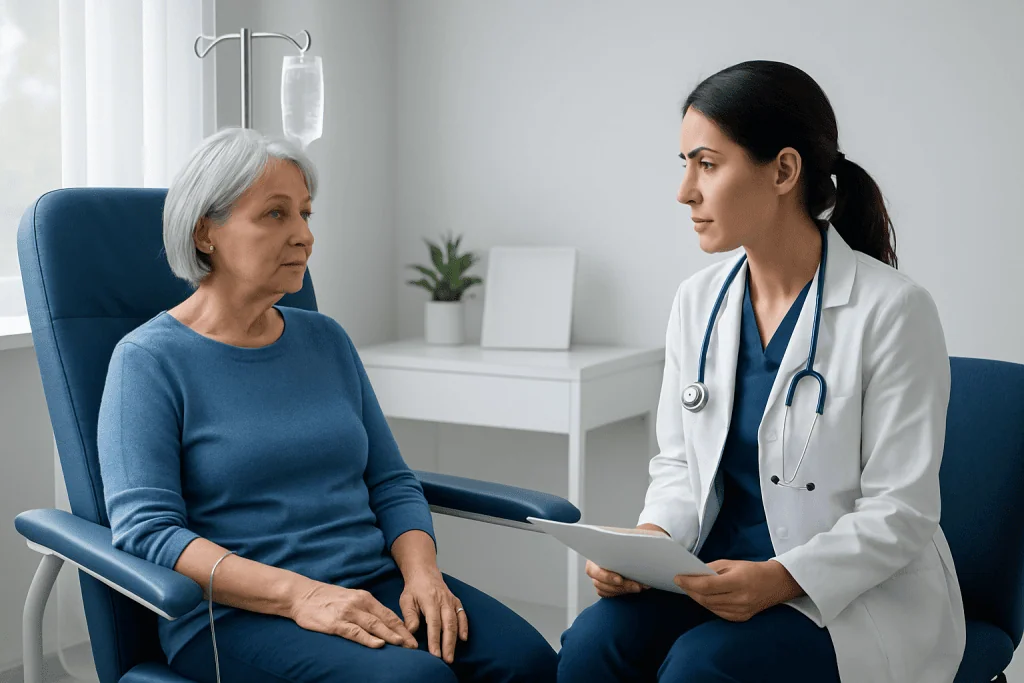 Doctor consulting with elderly patient in hospital room.