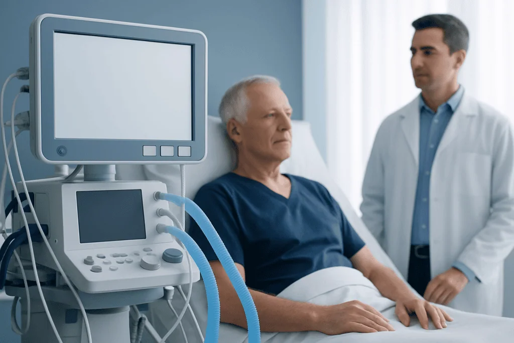 Patient in hospital bed with medical staff and ventilator equipment.