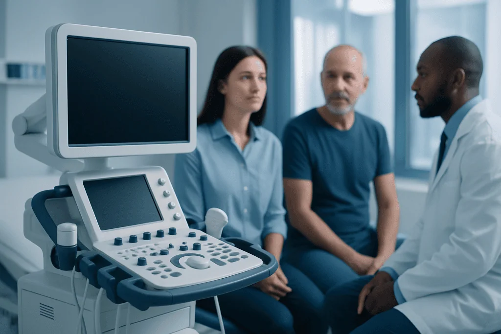 Doctor explaining ultrasound results to patients in a hospital setting.