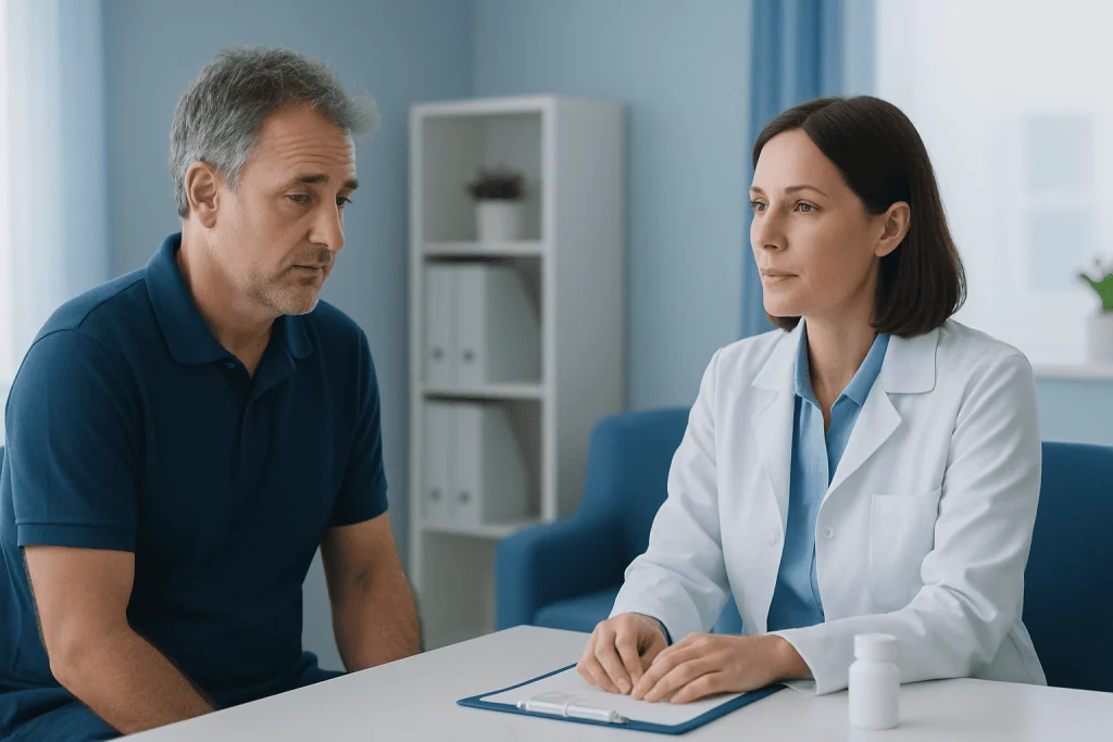 Doctor consulting with a male patient in a medical office setting.