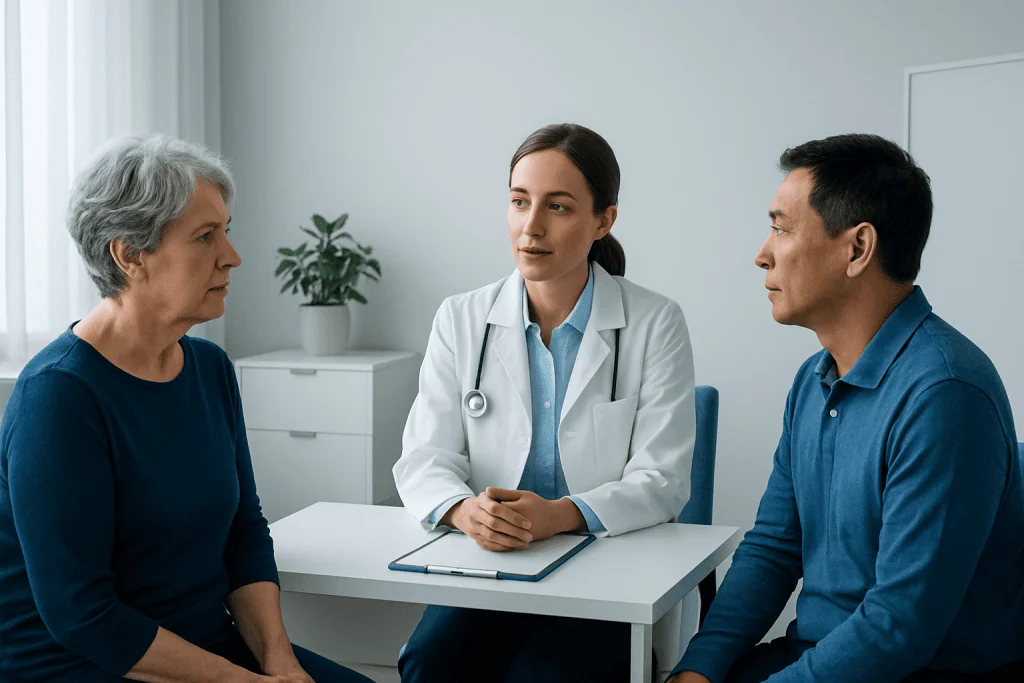 Doctor consulting with elderly female patient and male companion in clinic.