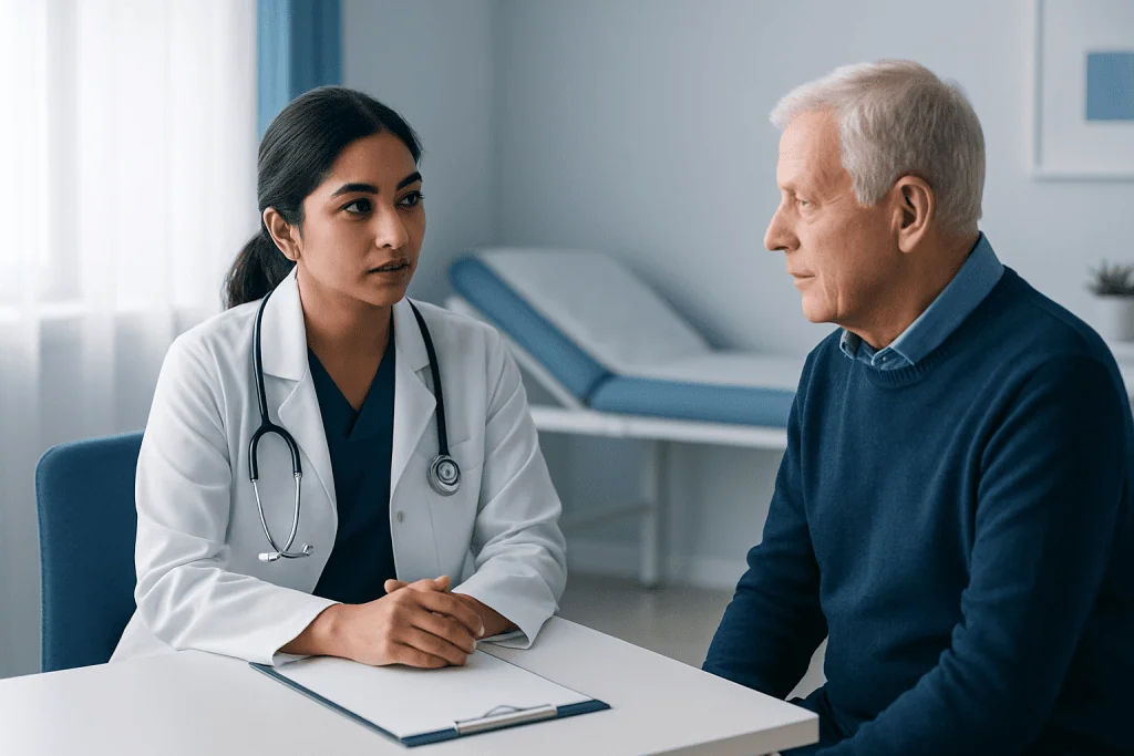 Doctor consulting with an elderly patient in a hospital room.