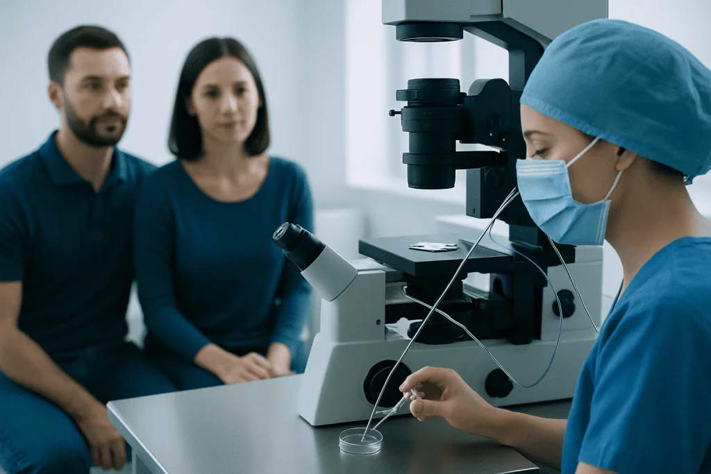 Fertility specialist examines a petri dish during IVF treatment process.