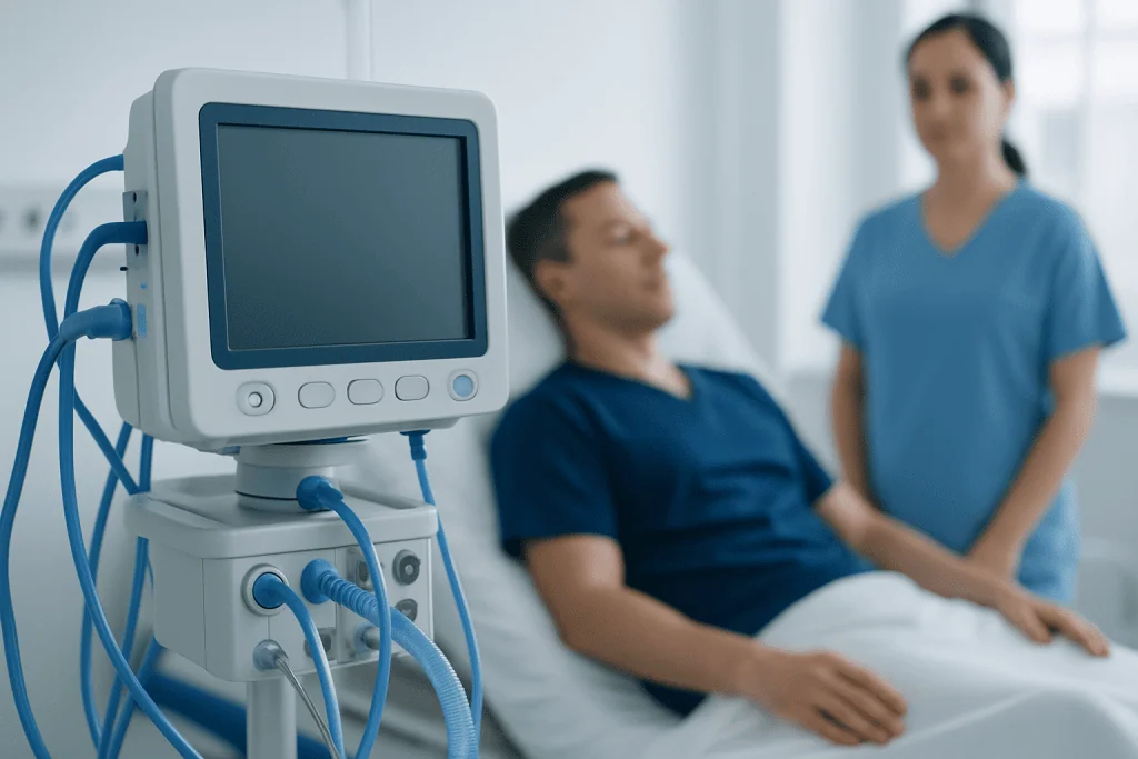 Medical monitor in hospital room with patient and nurse.