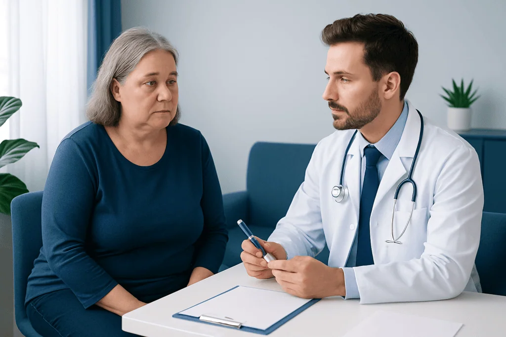 Doctor consulting with an elderly female patient in a medical office.