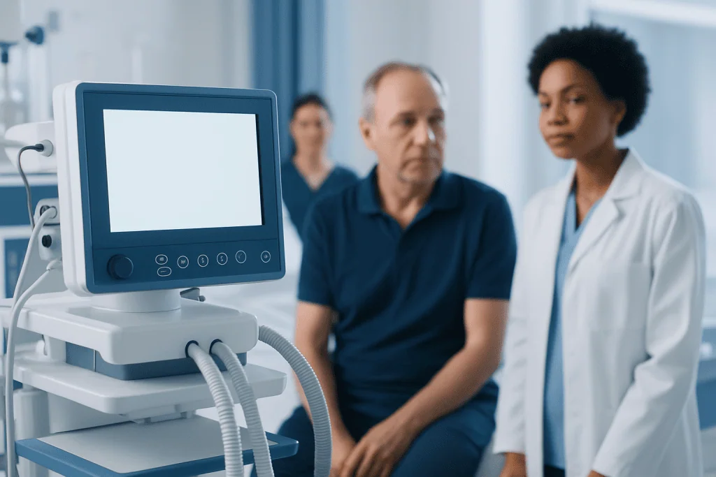 Medical consultation with a doctor and patient in a hospital setting.