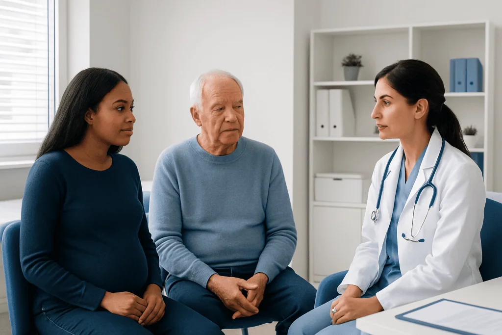 Doctor consulting with two patients in a medical office setting.