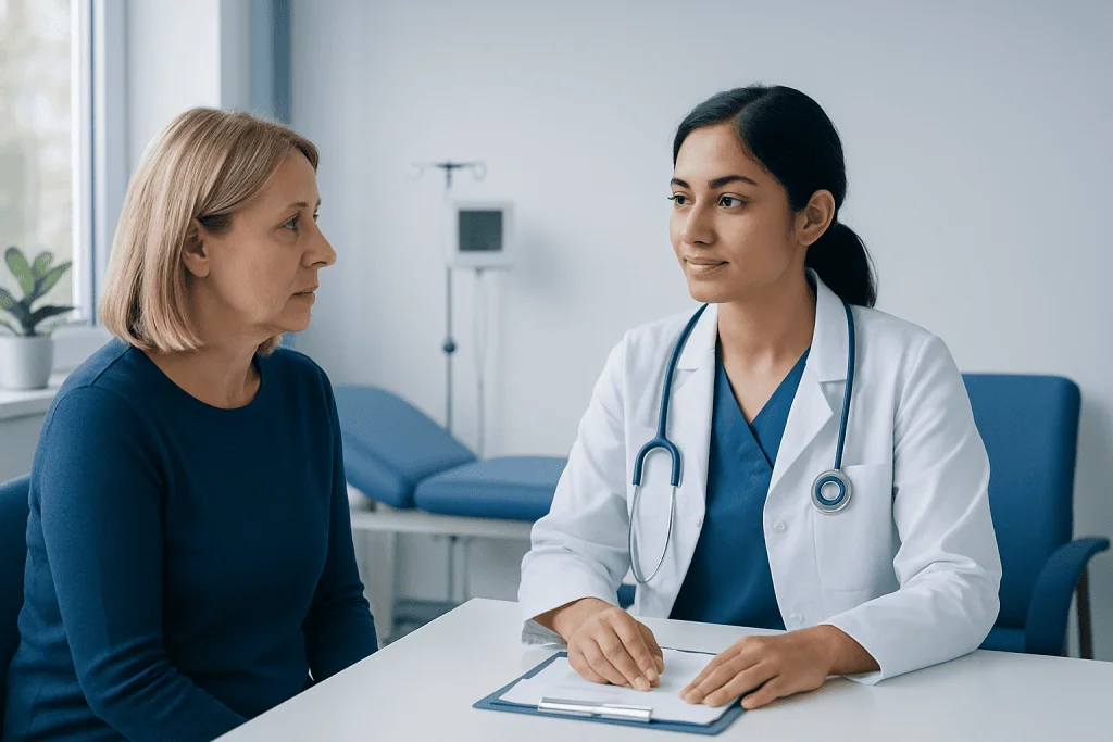 Doctor consulting with a patient in a medical office setting.