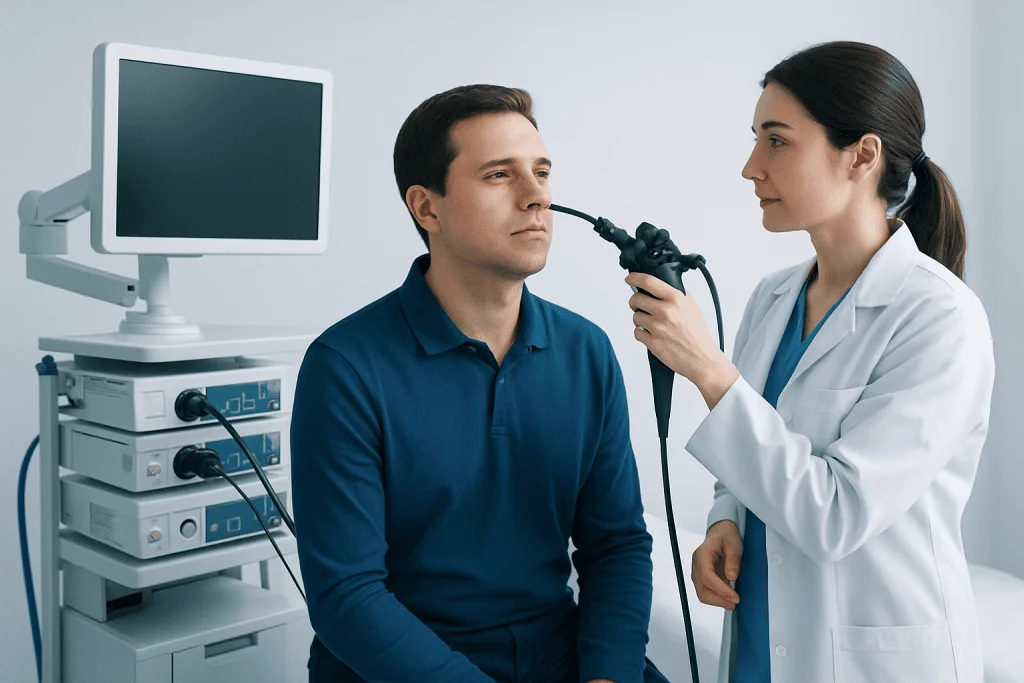 Doctor performing nasal endoscopy on male patient in clinic.