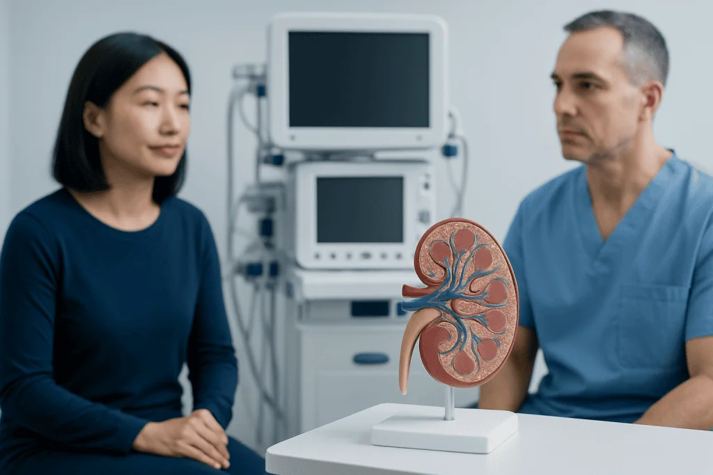 Medical consultation on kidney health with anatomical model at Acibadem Hospital.