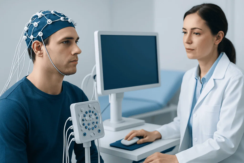 Patient undergoing neuropsychology assessment with EEG monitoring at Acibadem Hospital.