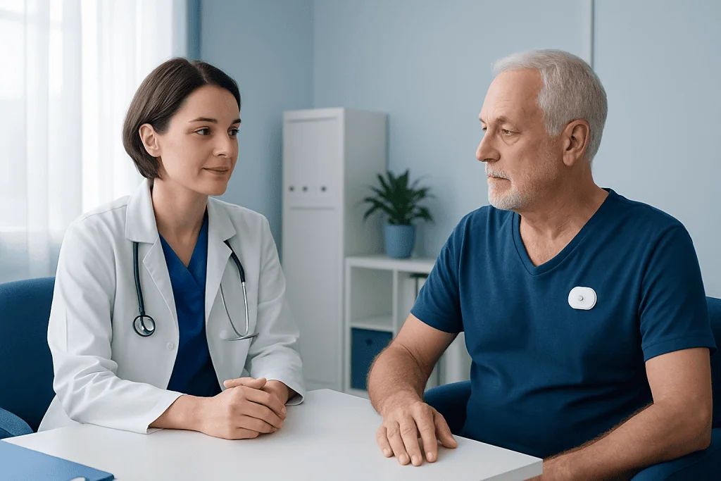 Doctor consulting with an older male patient in a medical office.