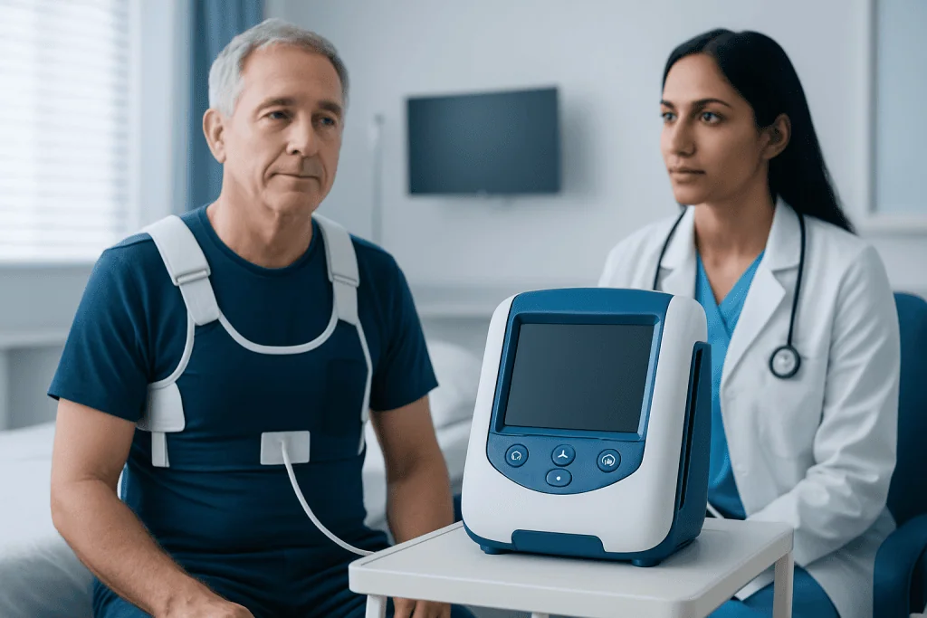 Patient undergoing cardiac monitoring with medical staff assistance at Acibadem Hospital.