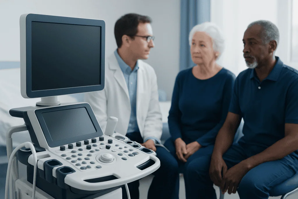 Doctor consulting elderly patients with ultrasound machine in clinic.