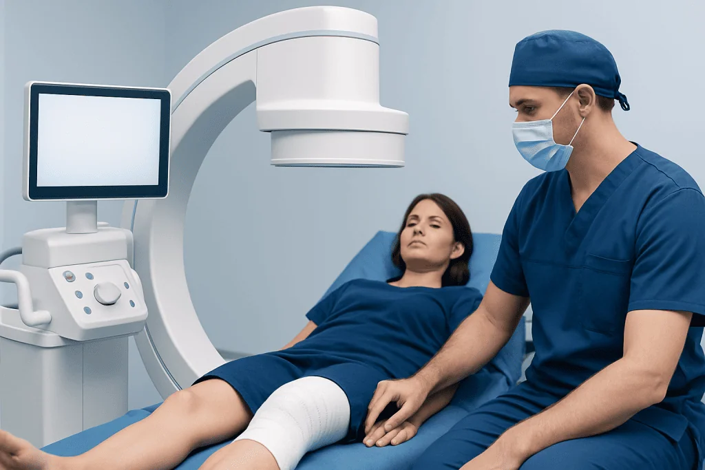 Medical professional preparing for imaging procedure with patient in hospital.